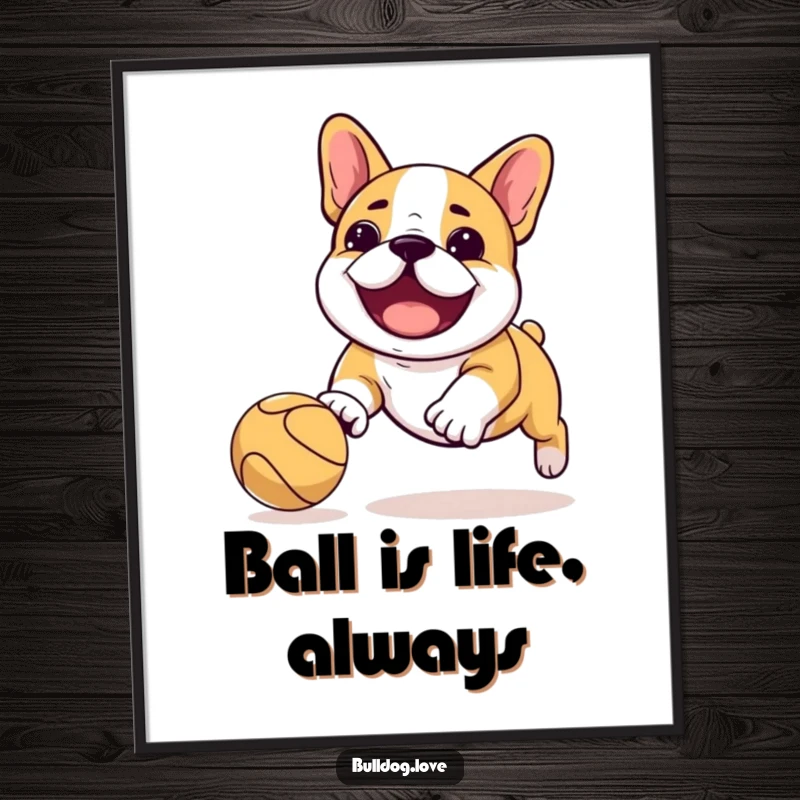 Funny Free Printable Wall Art: Playful Kawaii bulldog joyfully chasing a bouncing ball, radiating pure fun and energy.