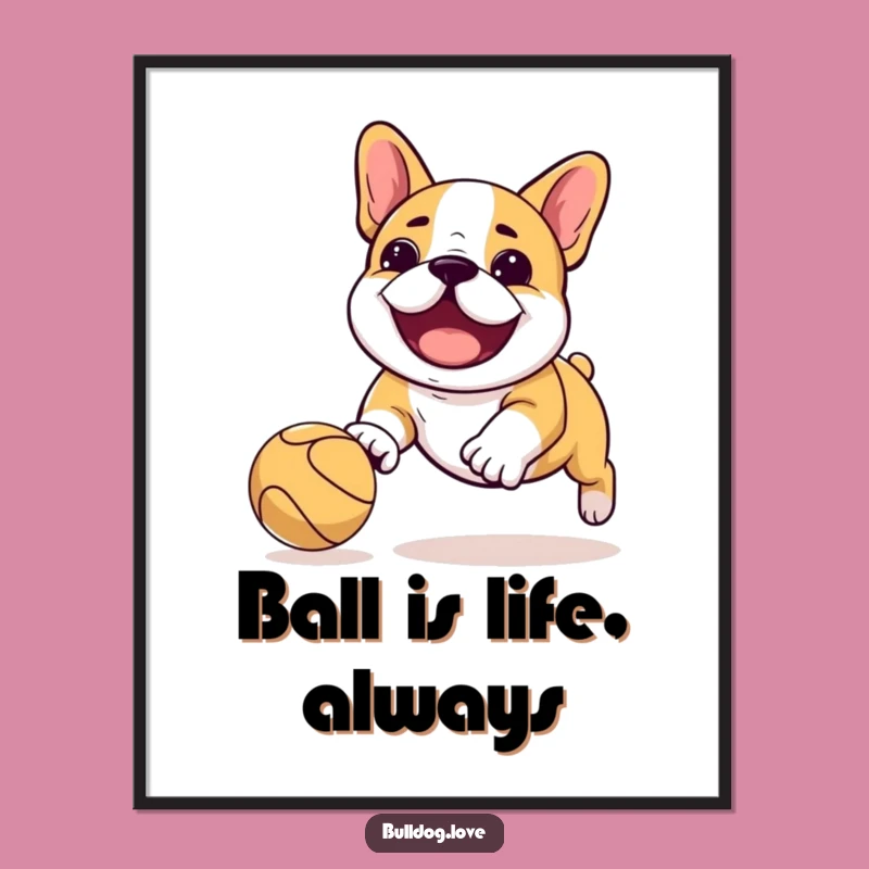 Free Printable Wall Art: Playful Kawaii Bulldog Chasing Ball, Fun Downloadable Art