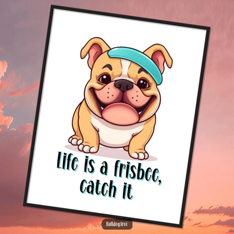 Funny free printable wall art: a bulldog with a goofy grin balancing a frisbee on its nose.