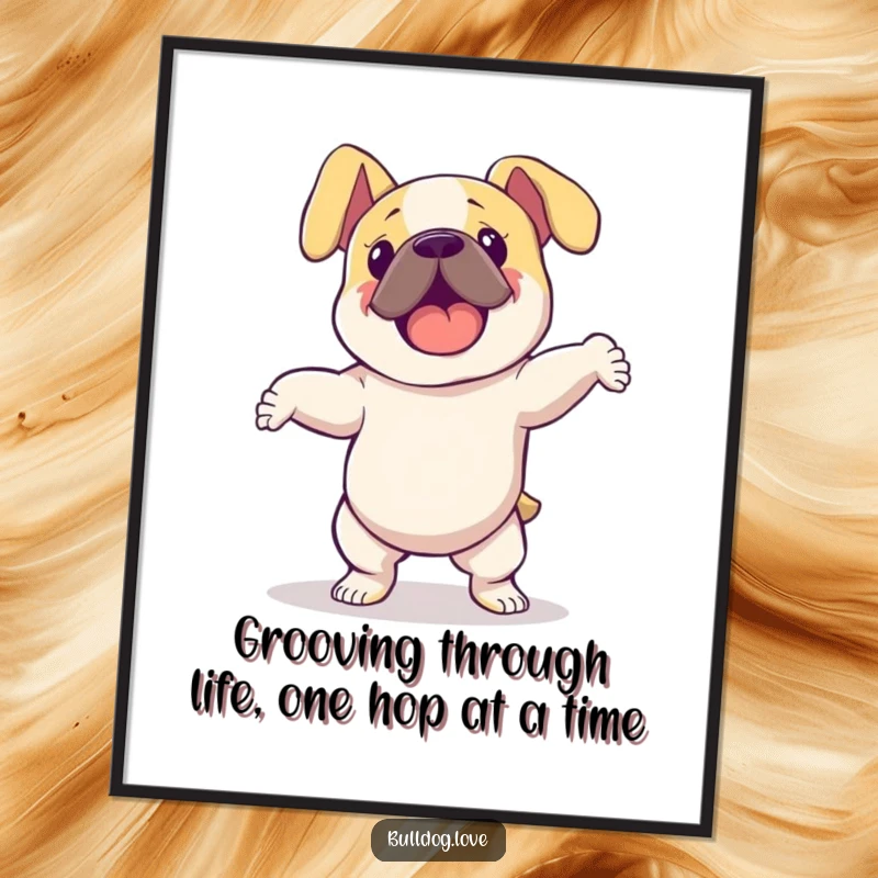 Funny Free Printable Wall Art: A bulldog with delightfully floppy ears is captured dancing energetically with pure enthusiasm.