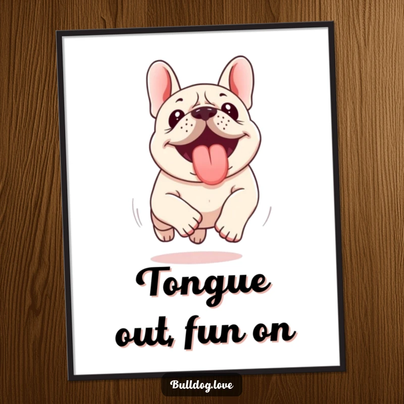 Funny Free Printable Wall Art: Kawaii bulldog enthusiastically running with its tongue out, full of playful energy.