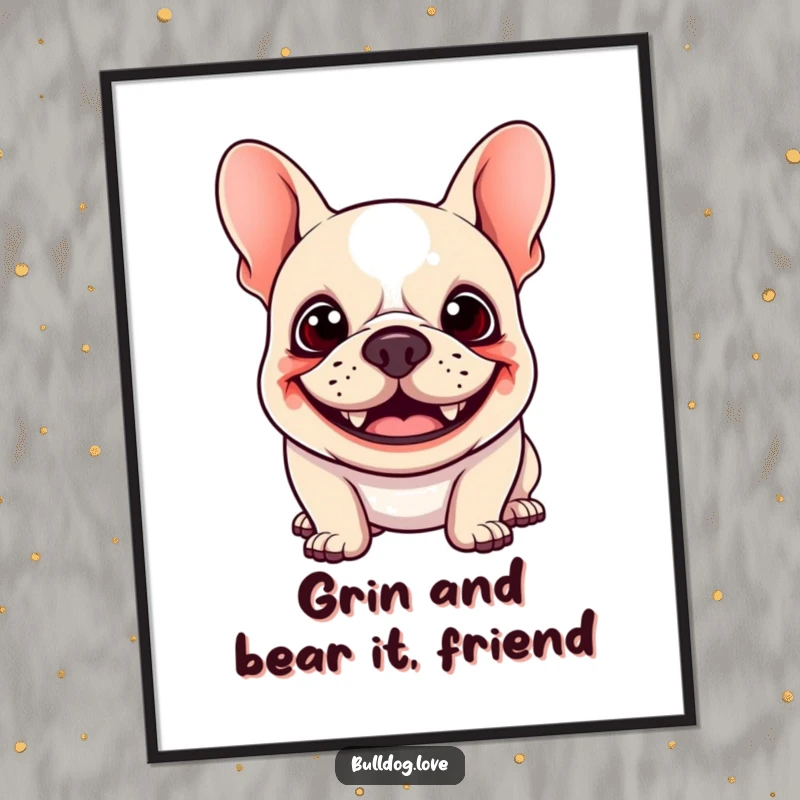 Funny Free Printable Wall Art: Kawaii bulldog with a goofy grin and floppy ears bouncing with pure happiness.