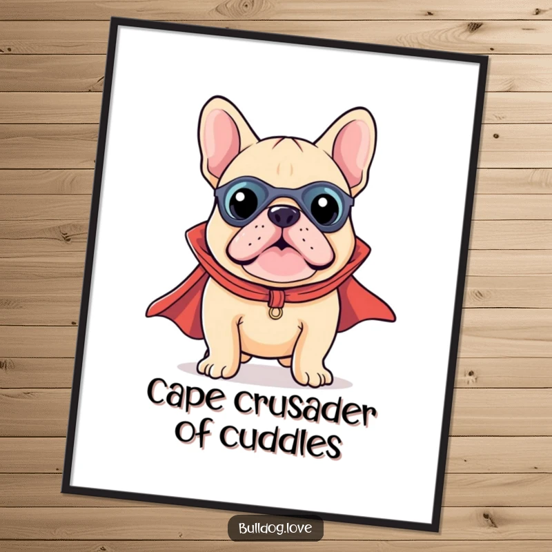 Funny Free Printable Wall Art: A tiny Kawaii bulldog hero in a red cape, striking a mighty, adorable pose.