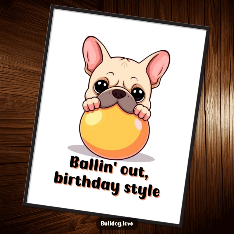 Funny Free Printable Wall Art: A bulldog peeking over a huge, brightly colored ball, full of curiosity.