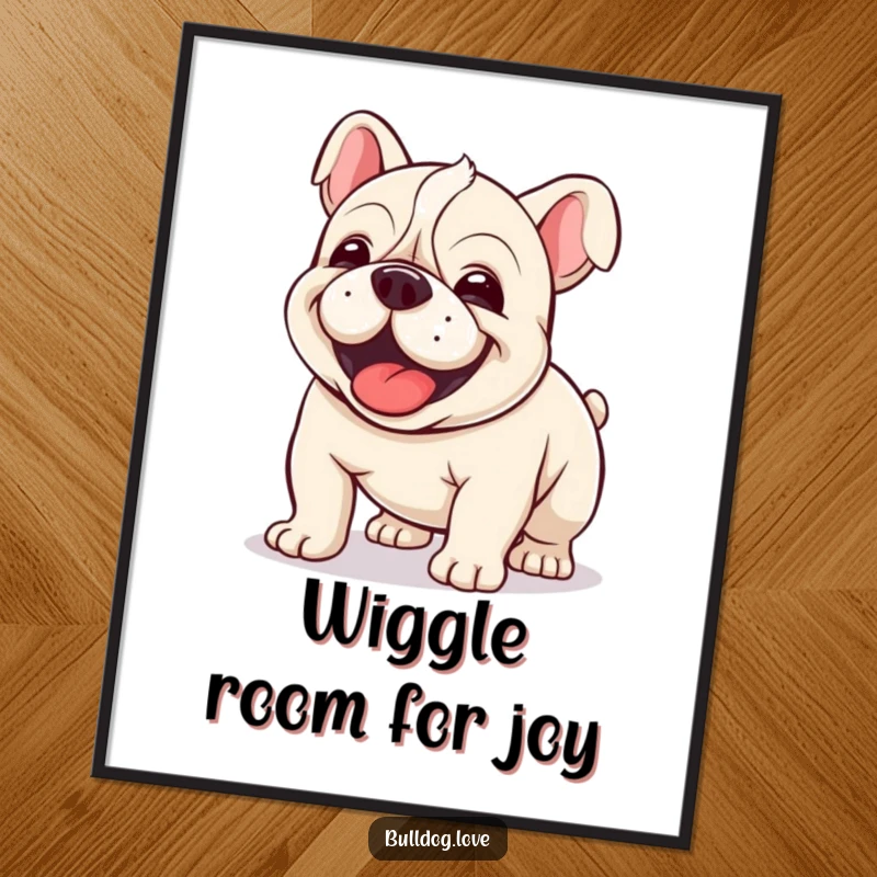 Funny Free Printable Wall Art: A Kawaii bulldog caught mid-wiggle, full of clumsy, contagious joy.