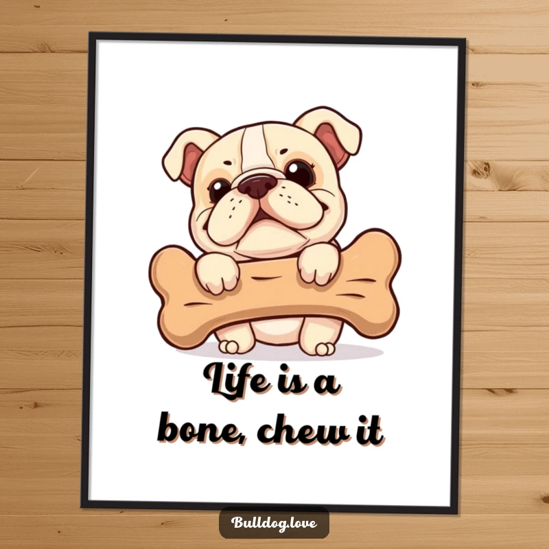Funny Free Printable Bulldog Wall Art, a cheeky bulldog peeking from behind a large bone, adding humor to decor.