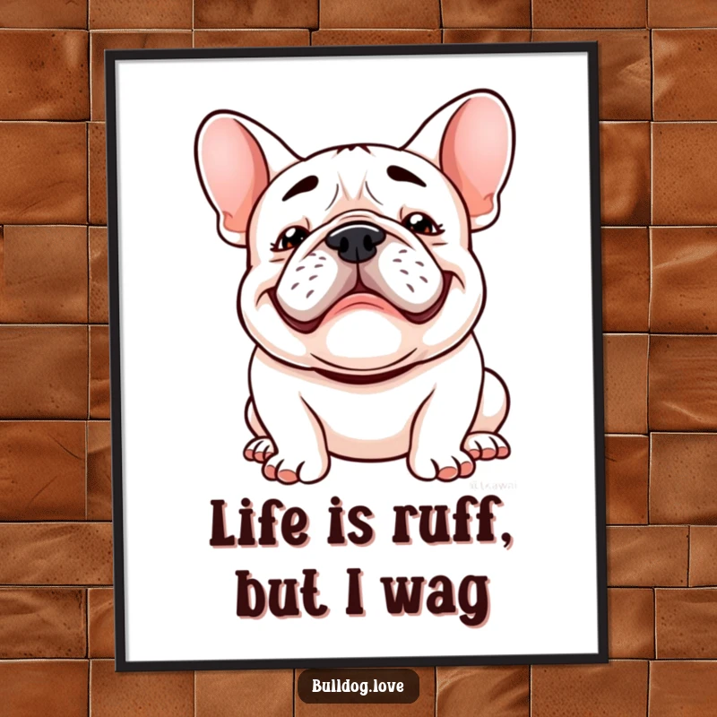 Funny Free Printable Wall Art: Goofy Kawaii bulldog with a wide grin and floppy ears bouncing, radiating pure happiness.