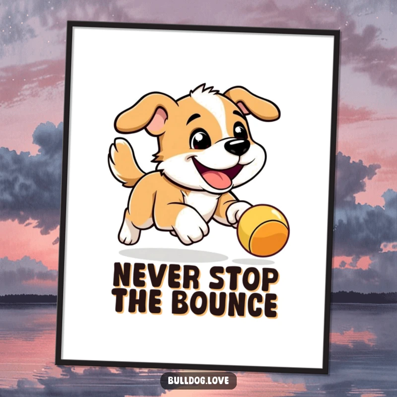 Funny Free Printable Wall Art: An energetic dog with a determined grin leaps high after a bouncy toy.