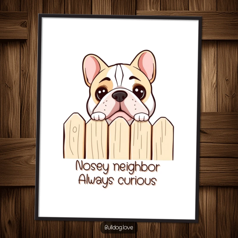 Funny Free Printable Wall Art: A bulldog with wide, curious eyes peeks over a fence, adding character to your space.