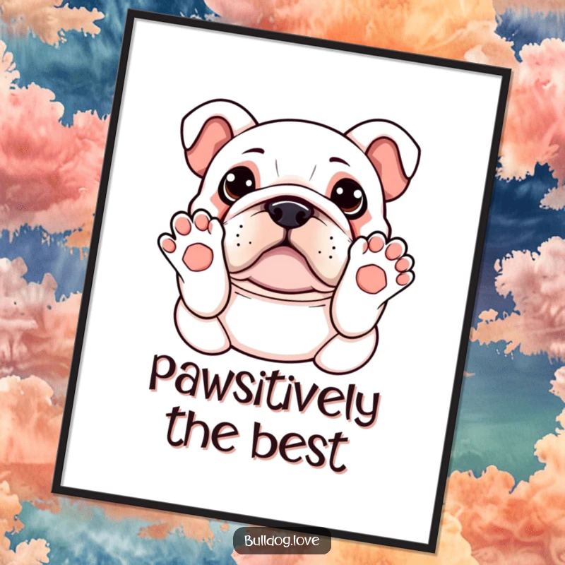 Funny Free Printable Wall Art: Kawaii bulldog with paws up, melting hearts with a request for a belly rub.