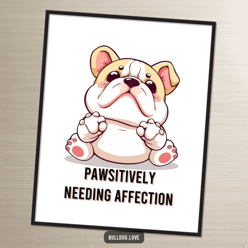Funny Free Printable Wall Art: Adorable Kawaii bulldog with paws up, melting hearts with its request for a belly rub.