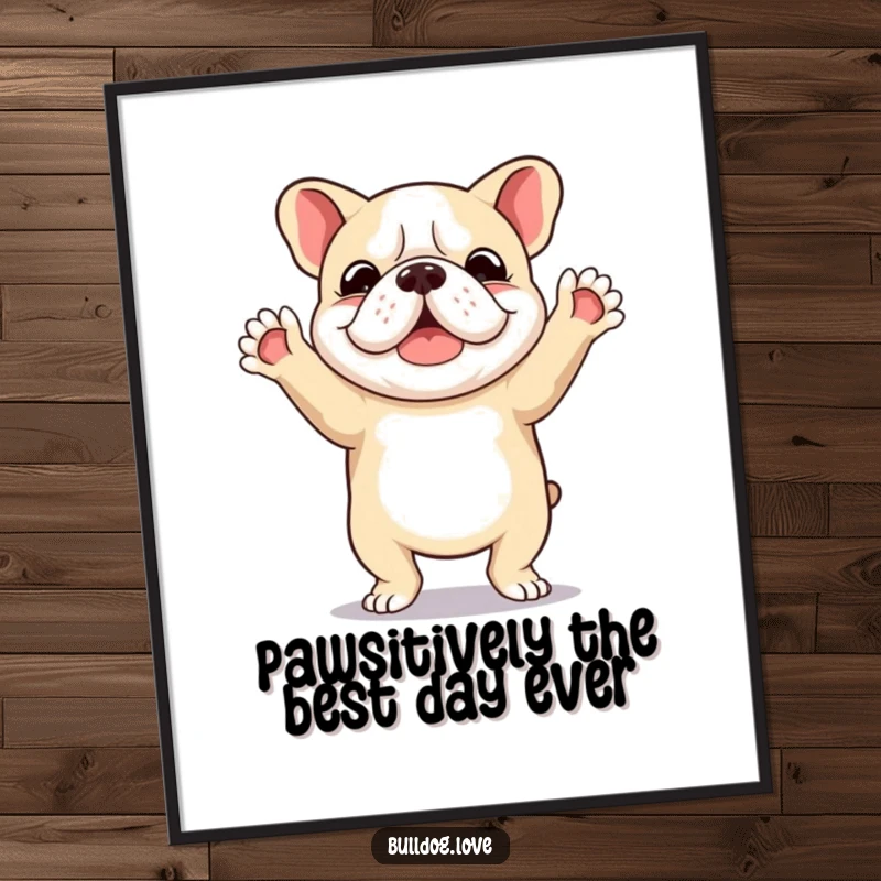 Funny Free Printable Wall Art: A cheerful bulldog performing a happy little dance with its front paws raised high in excitement.