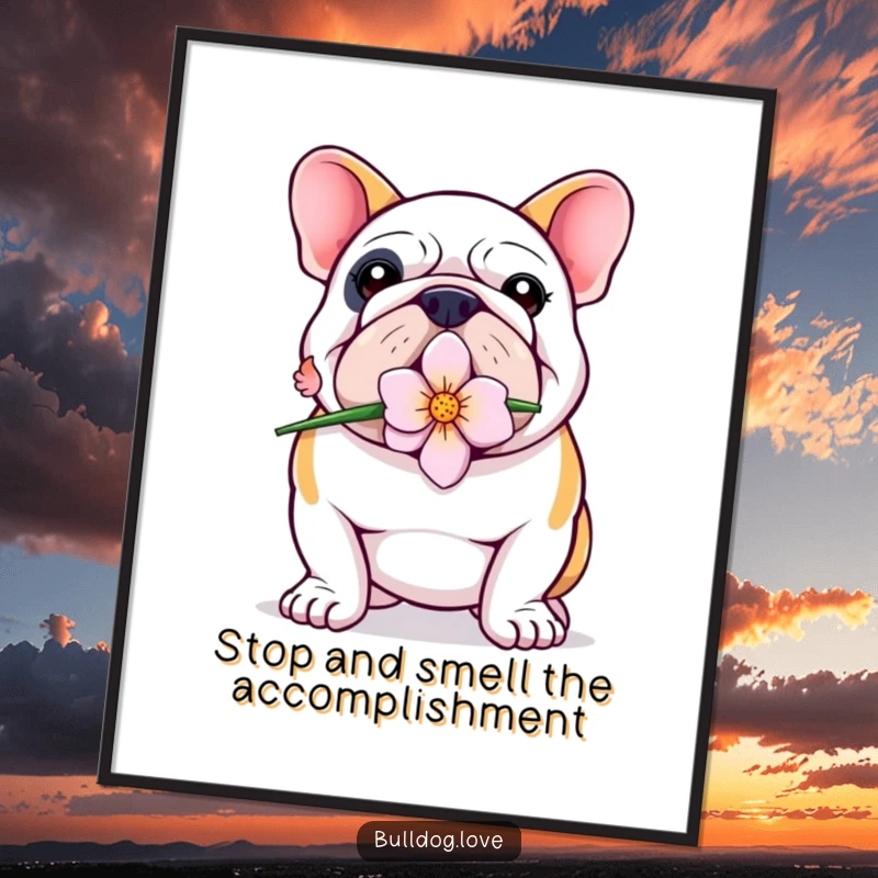 Funny Free Printable Bulldog Wall Art, a proud bulldog holding a flower in its mouth, a charming decorative piece.
