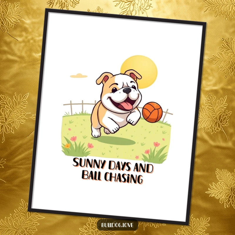 Funny free printable wall art: a bulldog gleefully chasing a bouncing ball across a sunny field.
