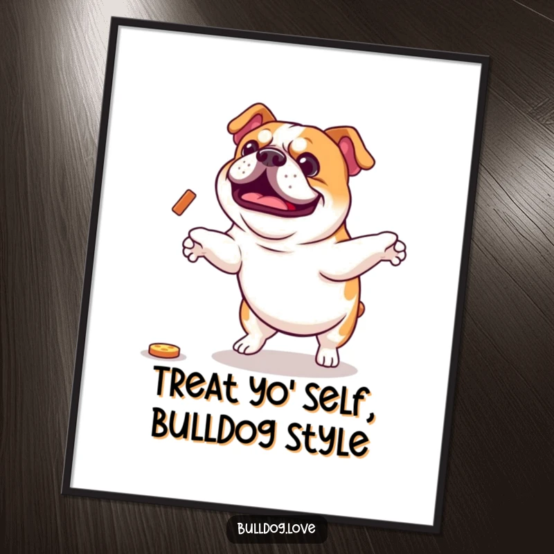 Funny Free Printable Wall Art: A bulldog in mid-leap, full of zest and anticipation for a treat. Joyful art!