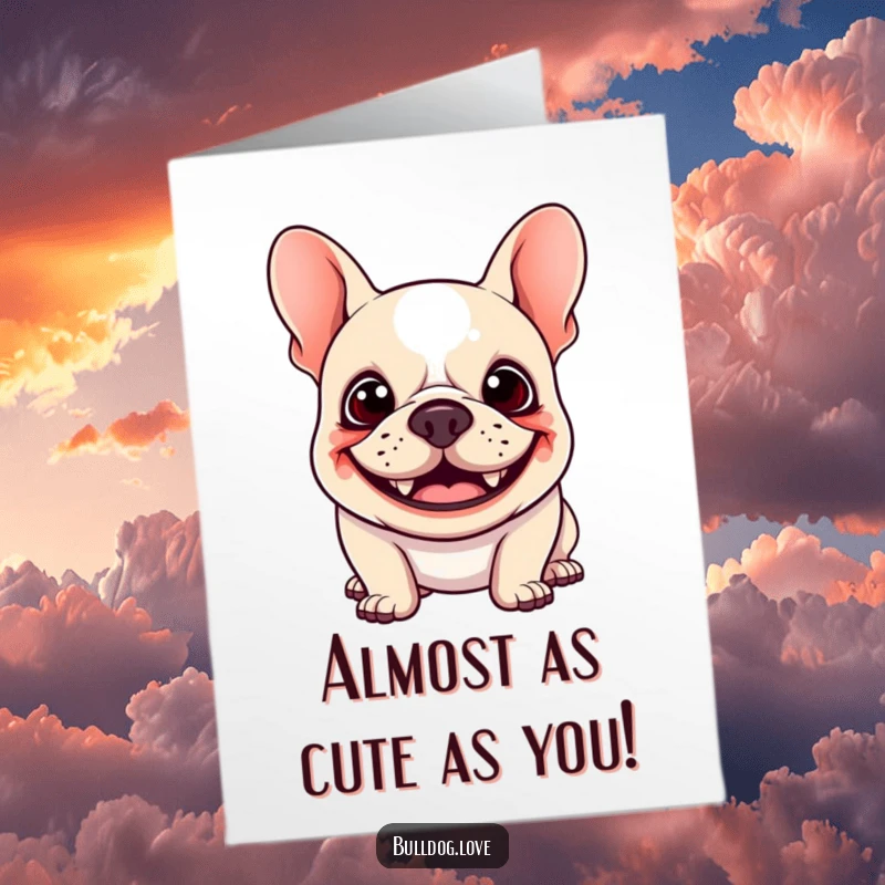 Funny Free Printable Birthday Card: Kawaii bulldog with a goofy grin and floppy ears bouncing with joy.