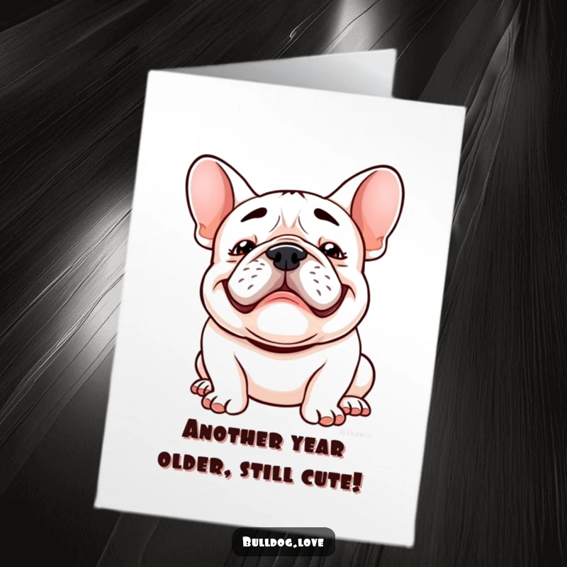 Funny Free Printable Birthday Card: Kawaii bulldog with a goofy grin and floppy ears bouncing with pure birthday glee.