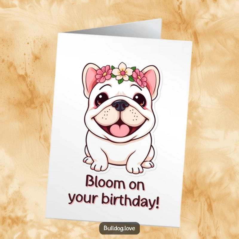 Free Printable Birthday Card: A bulldog with a huge, happy smile wears a colorful flower crown, radiating pure joy.