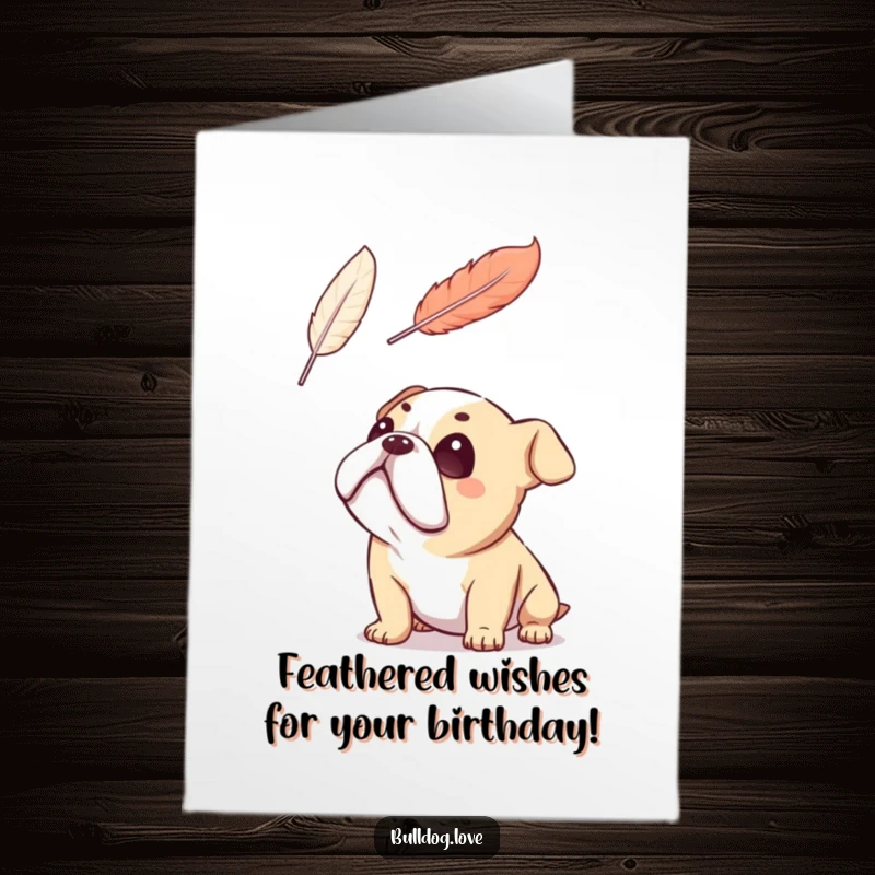 Funny free printable birthday card of a bulldog looking up with heartfelt adoration at a delicate floating feather.