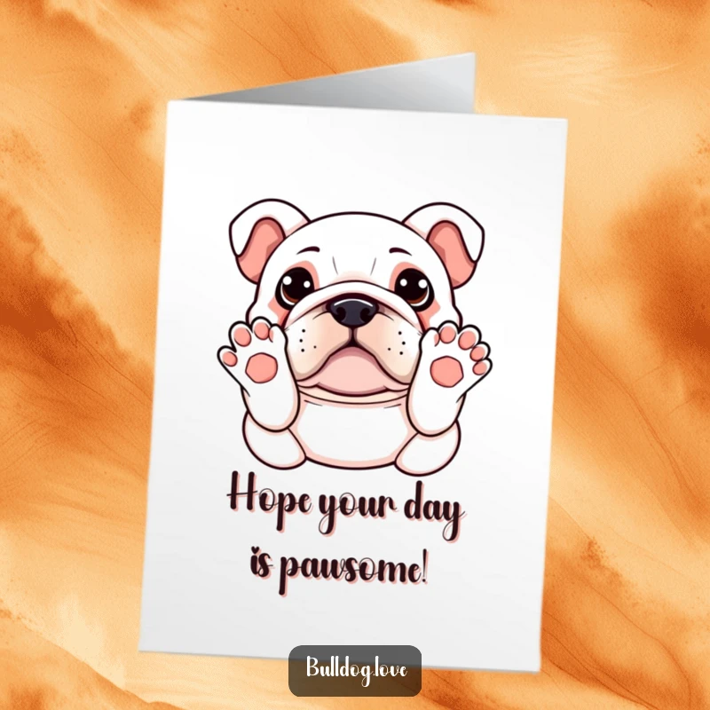 Funny Free Printable Birthday Card: Kawaii bulldog tilting its head with paws up, sweetly asking for a belly rub.