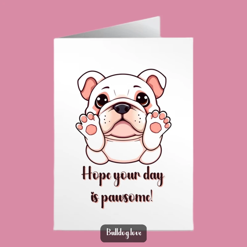 Free Printable Birthday Card: Adorable Kawaii Bulldog, Paws Up, Sweet Downloadable Gift
