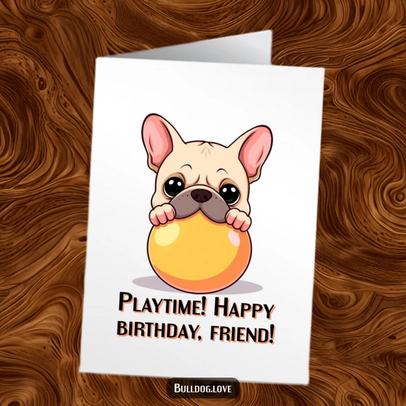 Funny Free Printable Birthday Card: Bulldog peeking curiously over a large, colorful ball. Ready to play!