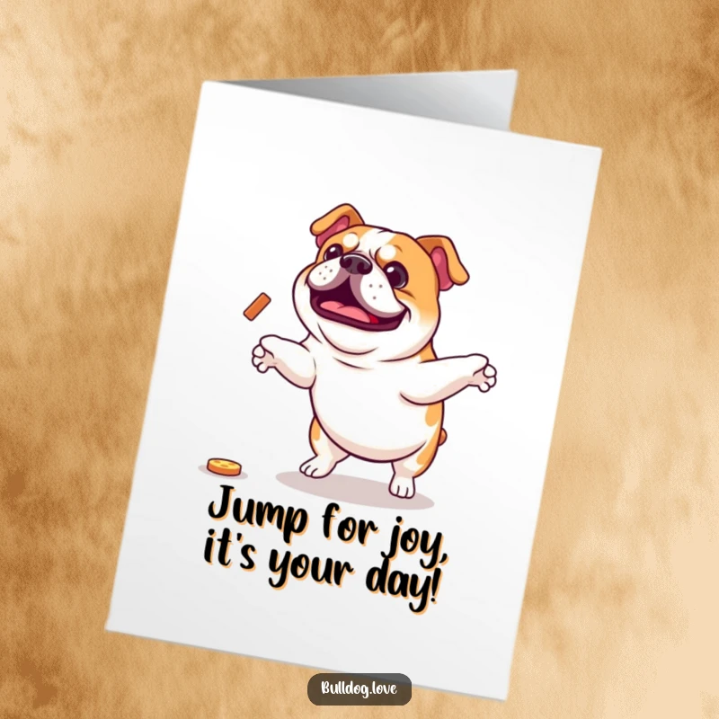 Funny Free Printable Birthday Card: Energetic bulldog leaping with excitement for a tasty treat. Downloadable fun!