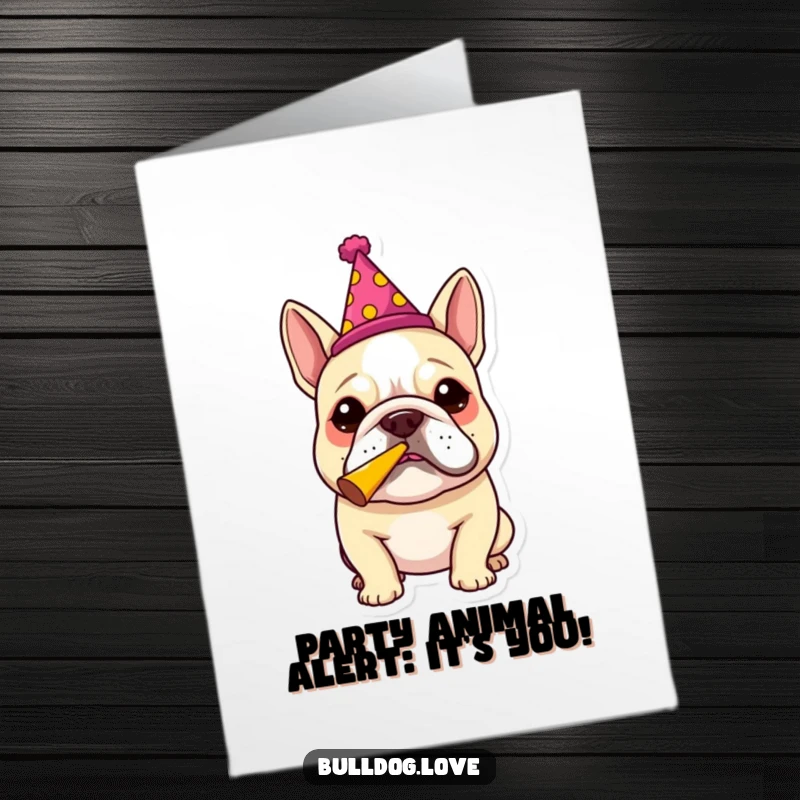 Funny Free Printable Birthday Card: A cheerful bulldog in a party hat joyfully blows a party horn, ready to celebrate.
