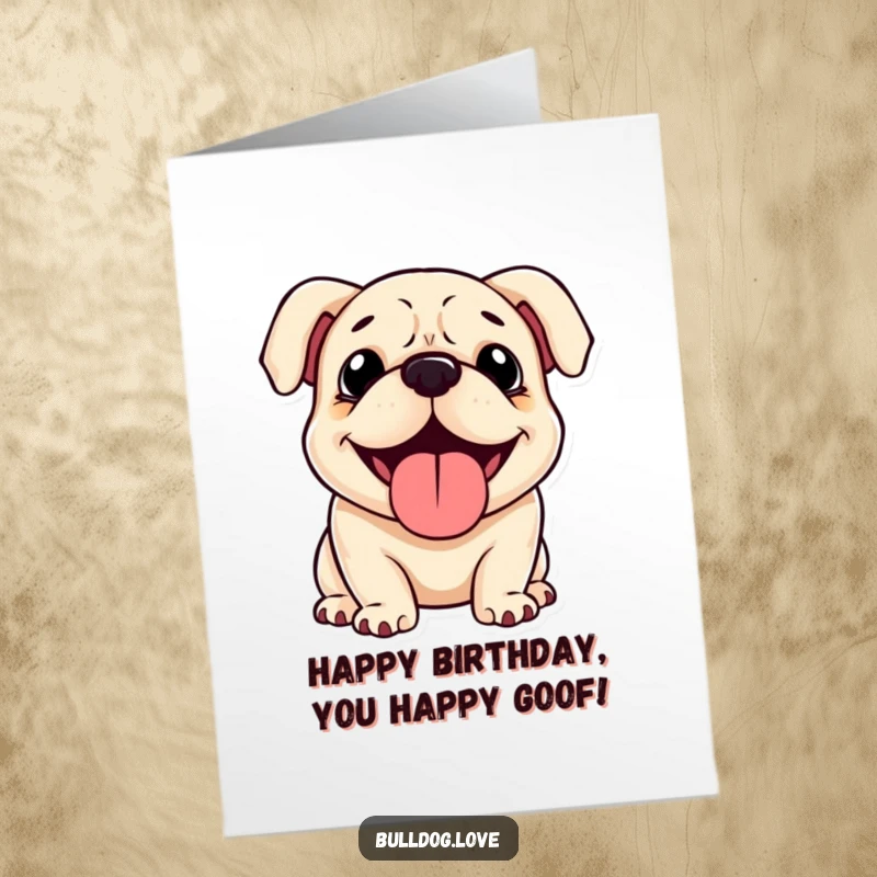 Funny Free Printable Birthday Card: Adorable bulldog with floppy ears, panting happily with a big smile. So sweet!