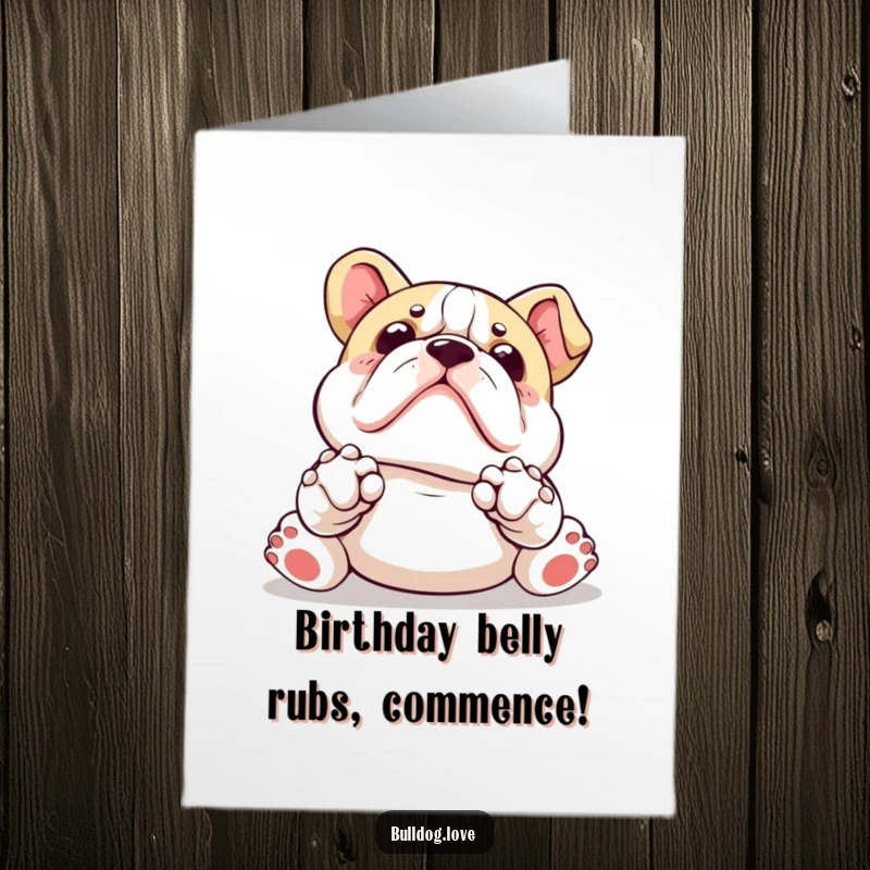 Funny Free Printable Birthday Card: Kawaii bulldog with paws up, looking up, adorably asking for a birthday belly rub.