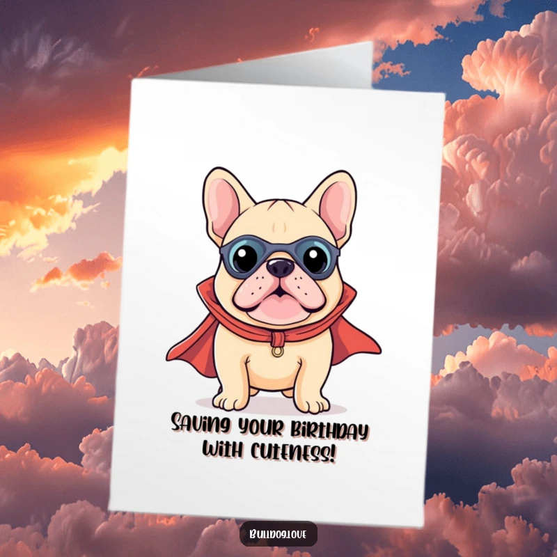 Funny Free Printable Birthday Card: Kawaii bulldog superhero in a tiny cape, ready to save the party with a smile.