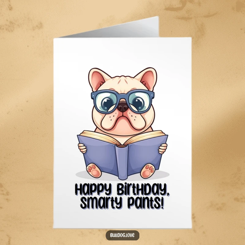 Funny Free Printable Birthday Card showing a studious bulldog wearing oversized glasses, engrossed in a large book.