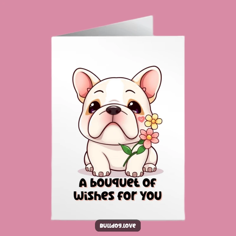 Free Printable Birthday Card: Sweet Kawaii Bulldog with Flower - Downloadable Gift