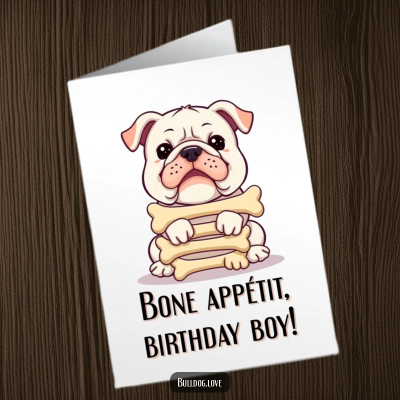 Funny free printable birthday card of a bulldog stacking bones, looking proud and ready to party.