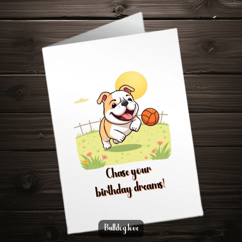 Funny free printable birthday card: a bulldog gleefully chasing a bouncing ball across a sunny field.