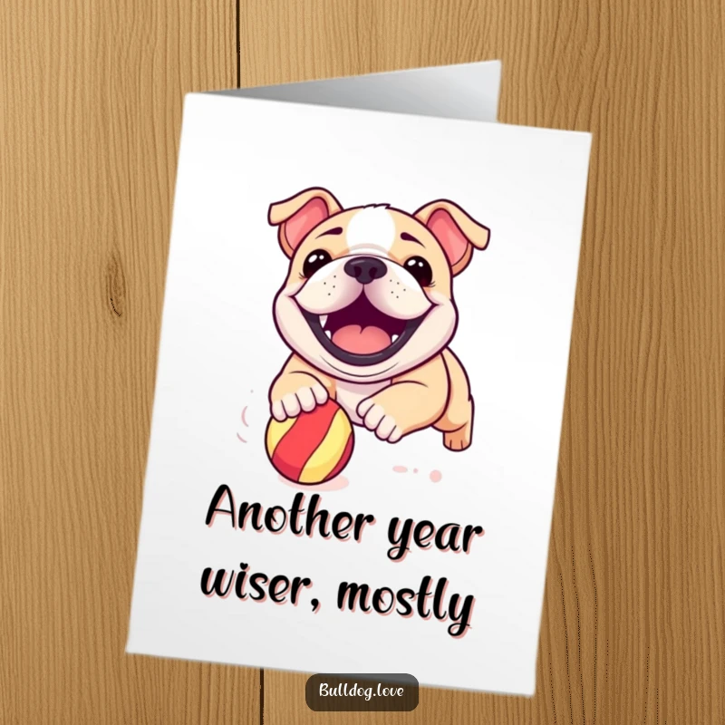 Funny Free Printable Birthday Card: Happy bulldog pup with a huge grin, enthusiastically chasing a bright red bouncy ball outdoors.