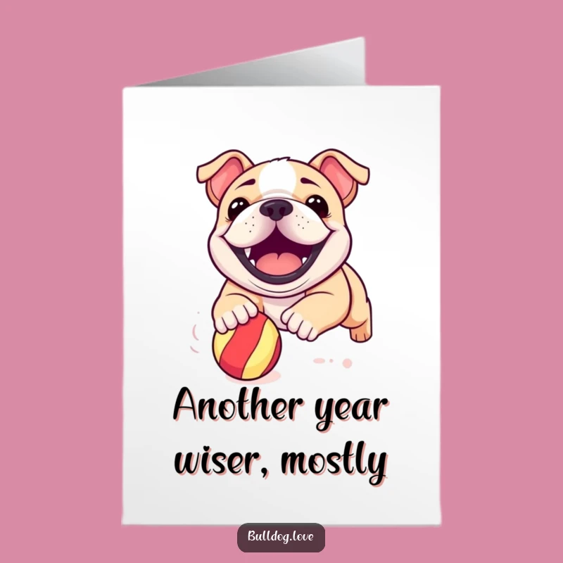Free Printable Funny Birthday Card: Grinning Bulldog Pup Chasing Ball - Downloadable Gift