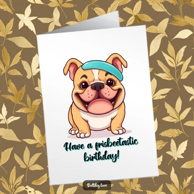 Funny free printable birthday card: a bulldog with a goofy grin attempting to balance a frisbee on its nose.