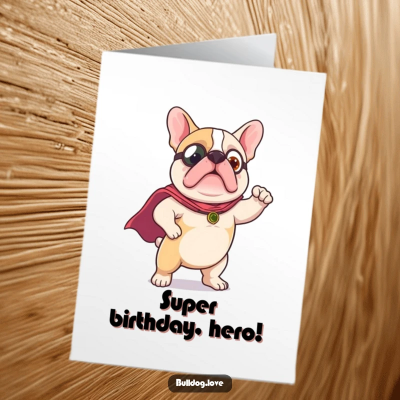 Free Printable Birthday Card: A stout bulldog wearing a small red cape, striking a proud, heroic pose with determination.