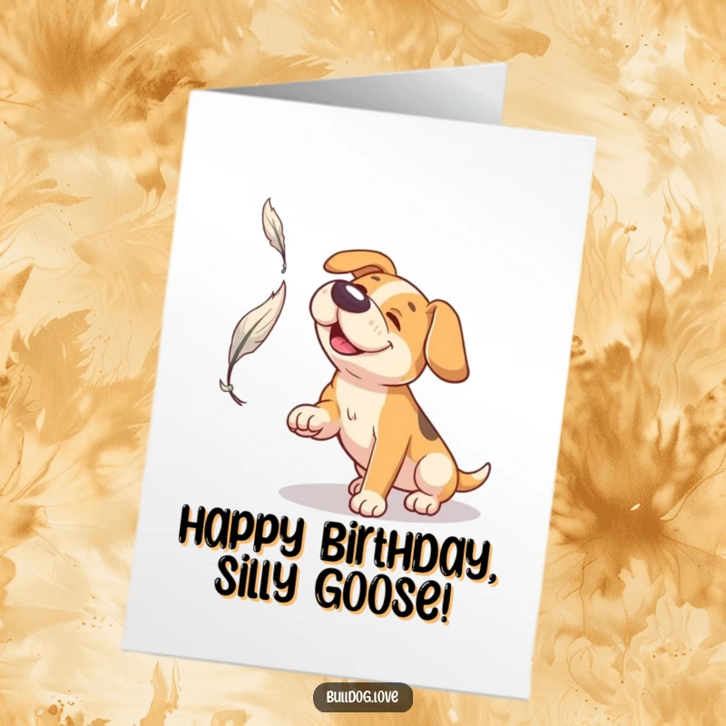 Funny Free Printable Birthday Card: A dog with a wide snout tries to catch a delicate floating feather.