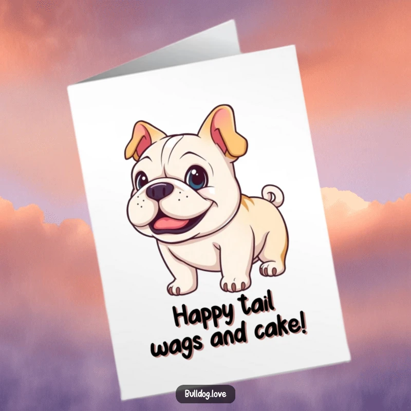Funny Free Printable Birthday Card: A bulldog with happy eyes is enthusiastically wagging its tail.