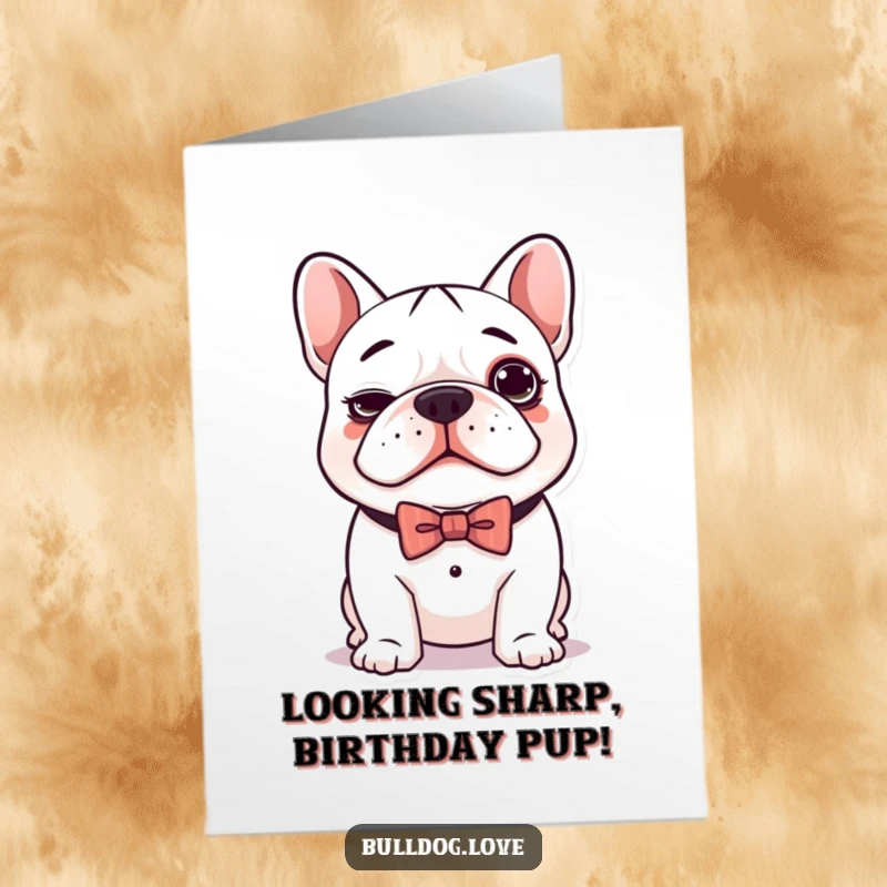 Funny Free Printable Birthday Card: A super cute kawaii bulldog with a goofy expression, sporting a dapper bow tie.