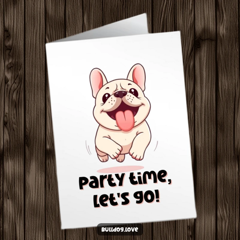 Funny Free Printable Birthday Card: Kawaii bulldog enthusiastically running with its tongue sticking out in excitement.
