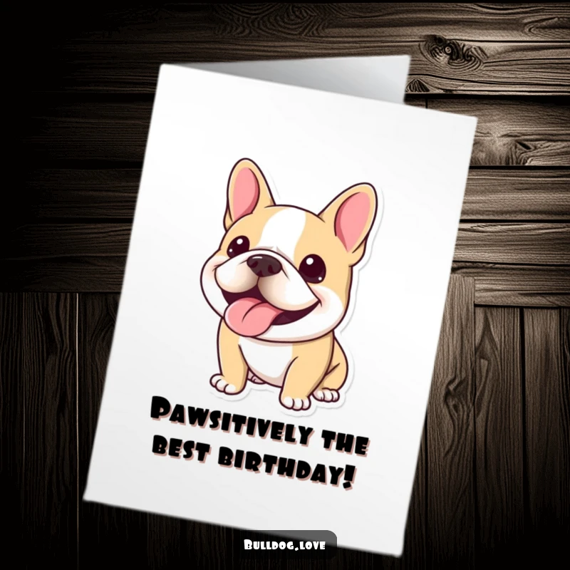 Funny Free Printable Birthday Card: A Kawaii bulldog with a huge, happy panting smile, spreading birthday cheer.