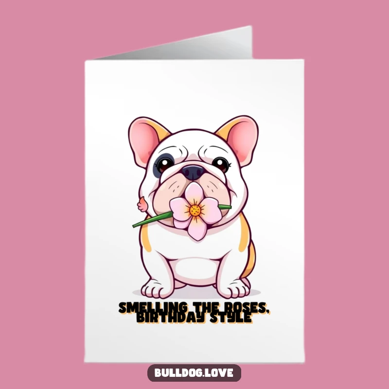 Proud Bulldog Birthday Card Free Printable: Flower Holding Dog Downloadable Gift