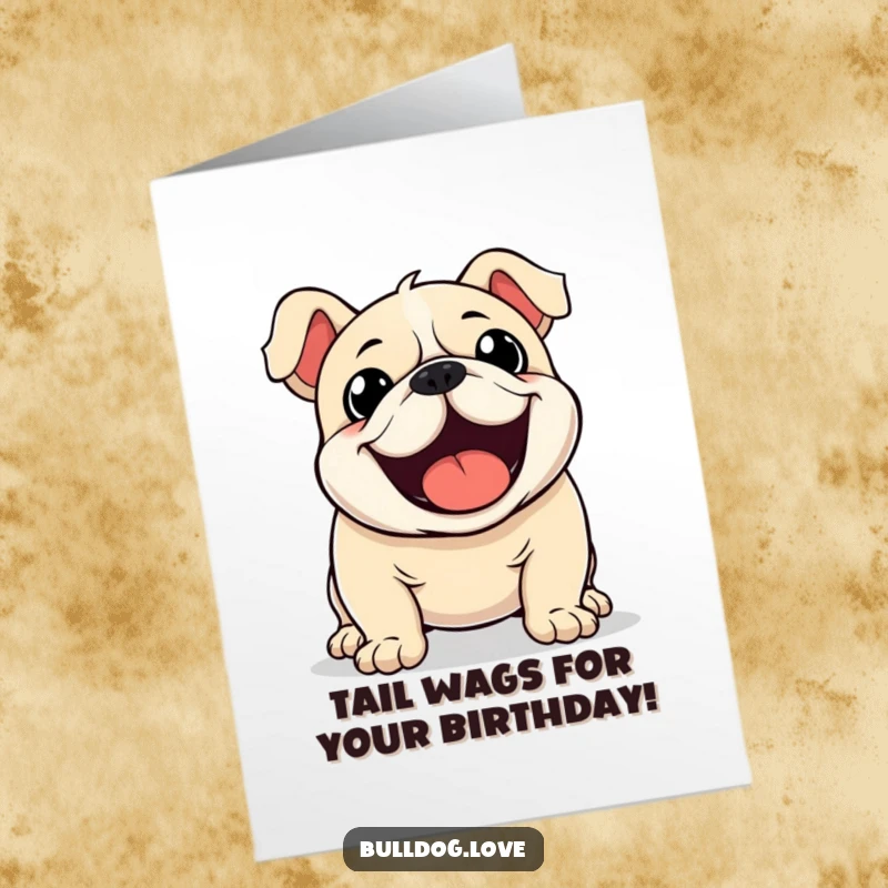 Funny Free Printable Birthday Card: A Kawaii bulldog's tail wags furiously, bursting with birthday excitement.