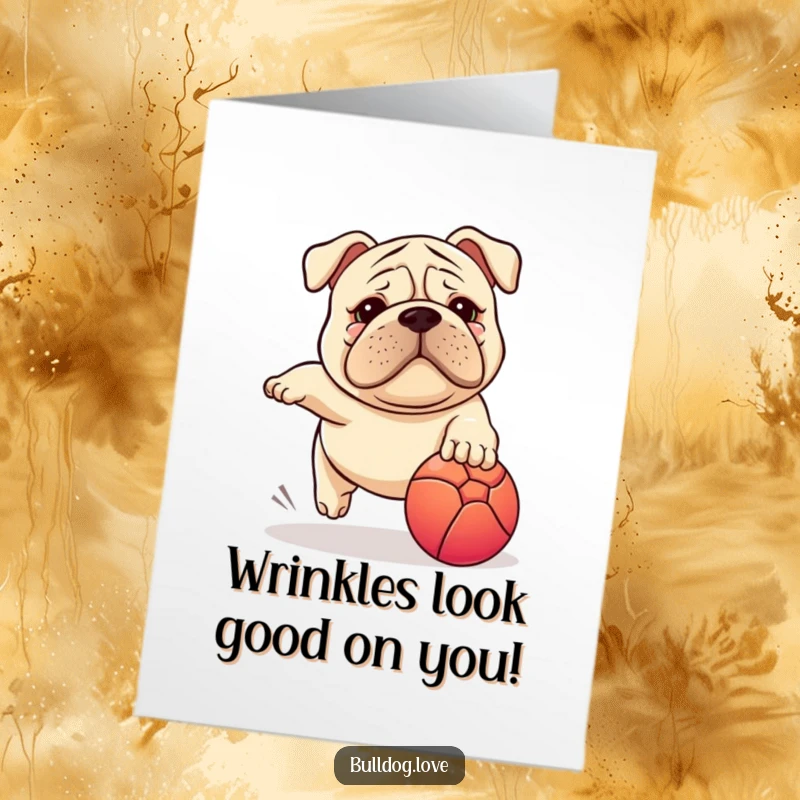Funny Free Printable Birthday Card: Stocky wrinkled dog with a goofy grin chases a vibrant ball, ready to party.