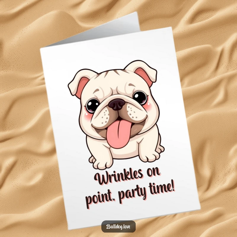Funny Free Printable Birthday Card featuring a cute kawaii bulldog proudly sticking out its wrinkled tongue.