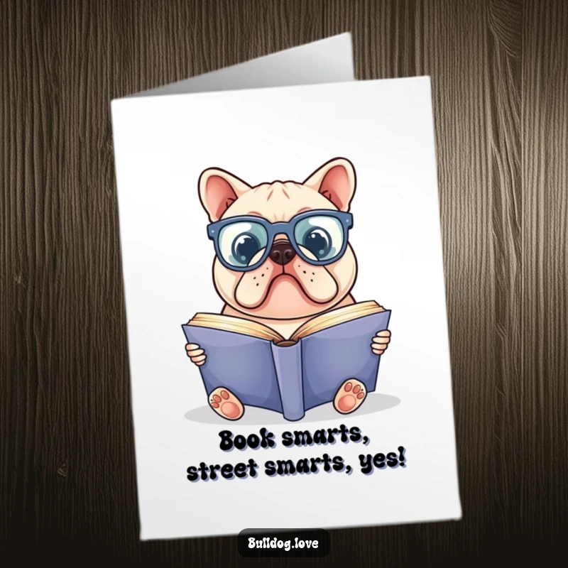 Funny Free Printable Congratulations Card featuring a bulldog in big glasses reading a book, celebrating academic success.