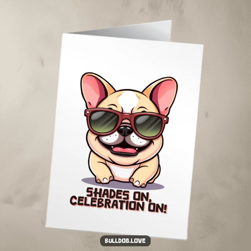 Funny Free Printable Bulldog Congratulations Card, a giggling bulldog in oversized sunglasses, celebrating with style and humor.